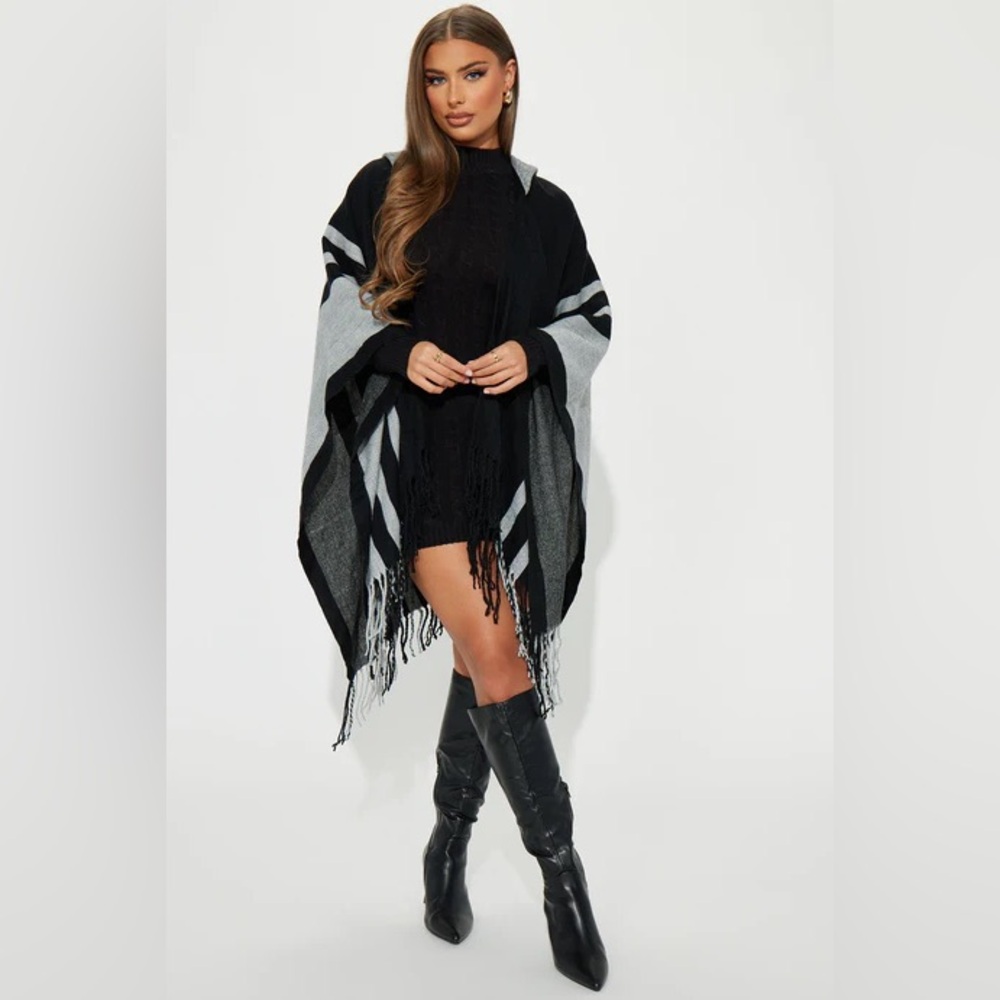 Fashion Nova Black and Gray Poncho